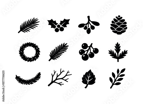 Winter Greenery Icons. Winter greenery. Solid icon set of winter greenery: pine branch, holly leaves, mistletoe, pinecone, wreath ring, spruce twig, berry