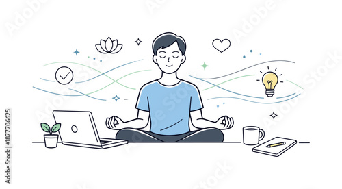 Office Mindfulness Harmony. Mindfulness and relaxation at work. Person practicing breathing or short meditation near workspace, calm focus and inner stability.