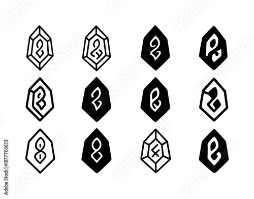 Shard Logo Variations. Shard. Icon set. Set Logo of shard: magic rune shard. harmonious logo variations of the same emblematic concept, each with different