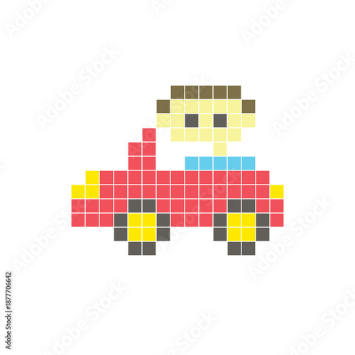 A flat pixel design made of geometric square color blocks on a clean icon layout. Pixel art car and driver