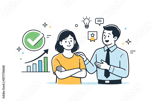 Positive Employee Feedback. Employee feedback positive outcome. Employee smiling confidently with a checkmark or growth icon, manager nearby in a supportive