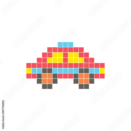 A flat pixel design made of geometric square color blocks on a clean icon layout. Pixel art taxi