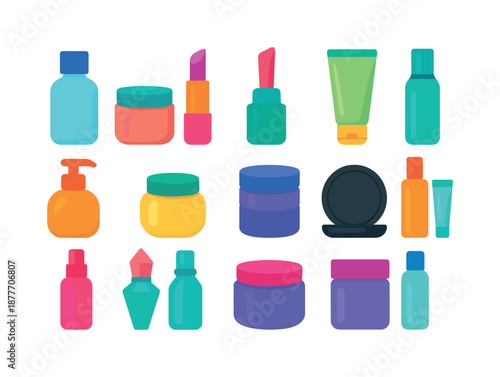 Minimal Beauty Containers. Minimal beauty containers. Colorful flat vector icons set of Minimal beauty containers: frosted bottle, matte jar, slim lipstick