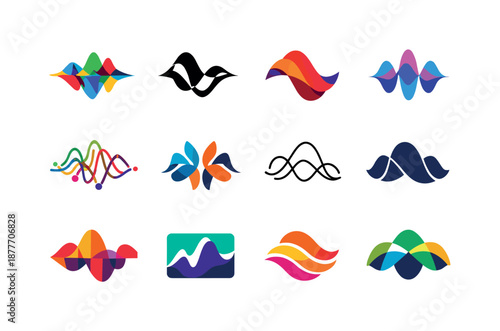 Sound-Infused Abstract Logos. Abstract shapes and colors representing sound. Icon set. Set Logo of abstract shapes and colors representing sound: harmonics