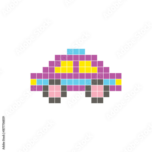 A flat pixel design made of geometric square color blocks on a clean icon layout. Pixel art taxi