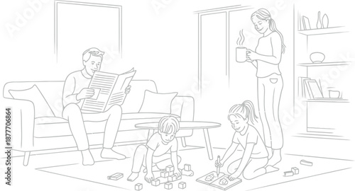 A family of four spends quality time together in their living room with toys and books.