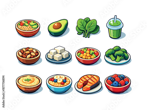 Healthy Food Icons. healthy food. Colorful isometric vector icons set of healthy food: quinoa bowl, avocado half, spinach leaves, smoothie cup, nuts mix bowl,