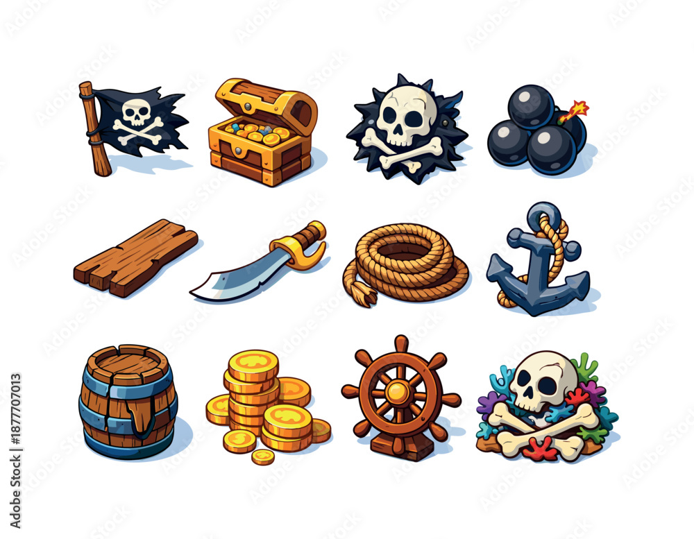 Fototapeta premium Pirate Shipwreck Icons. pirate shipwreck. Colorful isometric vector icons set of pirate shipwreck: broken pirate flag, treasure chest, skull emblem,