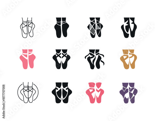 Ballet Logo Variations. Dance. Icon set. Set Logo of dance: ballet pointe shoes. harmonious logo variations of the same emblematic concept, each with different