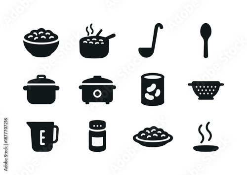 Cooked Beans Icon Set. Cooked beans. Solid icon set of Cooked beans: bowl of beans, bean stew pot, ladle, wooden spoon, pressure cooker, slow cooker, bean can,