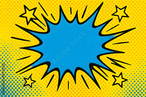 A vibrant cartoon explosion with stars on a bright yellow background, viewed from a straightforward angle, illustrating a dynamic graphic element