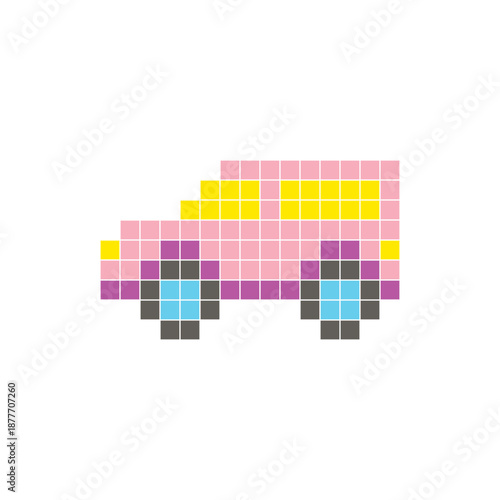A flat pixel design made of geometric square color blocks on a clean icon layout. Pixel art car
