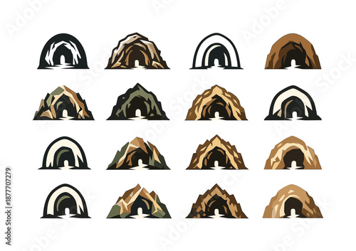 Cave Logos Grid. Caves and caverns. Icon set. Set Logo of Caves and caverns: cave tunnel. harmonious logo variations of the same emblematic concept, each with