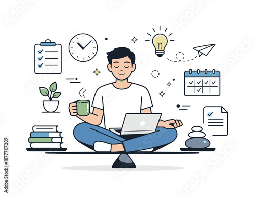 Calm Efficient Workflow. Sustainable productivity. Person completing tasks while keeping calm and relaxed posture. Balanced approach to efficiency without