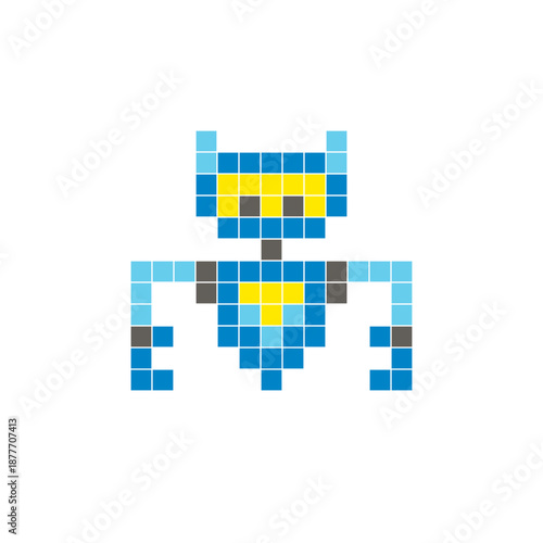 A flat pixel design made of geometric square color blocks on a clean icon layout. Pixel art robot