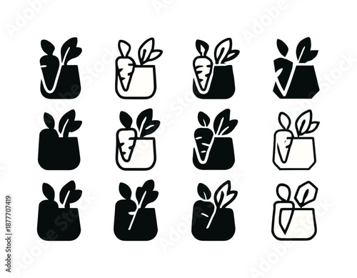 Healthy Meal Prep Icons. Healthy meal prep culture. Icon set. Set Logo of Healthy meal prep culture: Healthy grocery bag: Filled silhouette, Minimal outline,