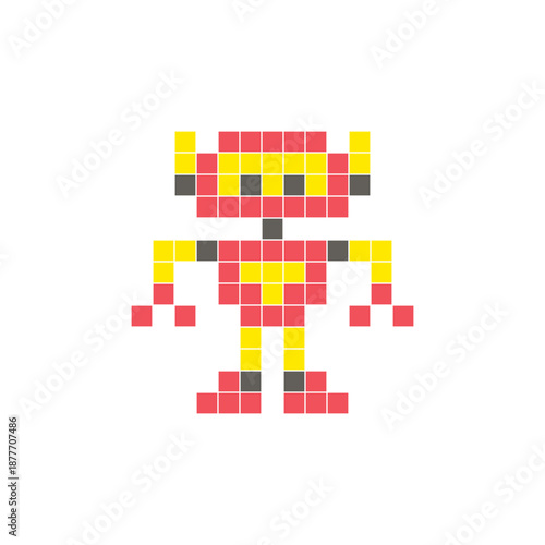 A flat pixel design made of geometric square color blocks on a clean icon layout. Pixel art robot