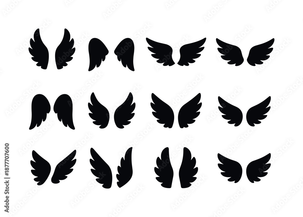 Obraz premium Angel Wing Icons. Angel wing positions. Solid icon set of angel wing positions: wings up, wings down, wings half-open, wings fully spread, wings folded inward,