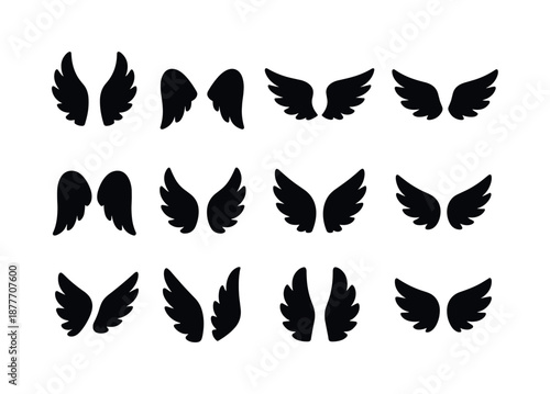 Angel Wing Icons. Angel wing positions. Solid icon set of angel wing positions: wings up, wings down, wings half-open, wings fully spread, wings folded inward,