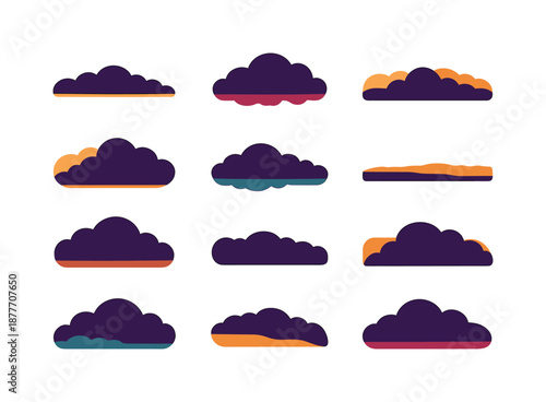 Horizon Storm Clouds. Horizon storm clouds. Colorful flat vector icons set of horizon storm clouds: low-lying dark band, skyline cloud mass, flattened storm