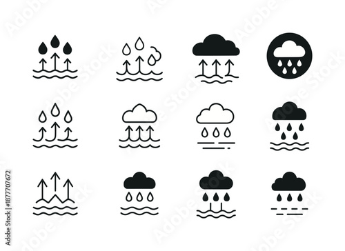 Rain Formation Icons. Rain formation. Icon set. Set Logo of rain formation: evaporating water. harmonious logo variations of the same emblematic concept, each