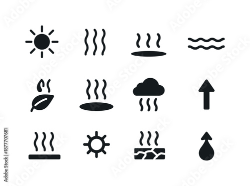 Evaporation Icon Set. Evaporation process. Solid icon set of evaporation process: sun icon, heat wave, rising steam, lake surface, leaf transpiration, puddle