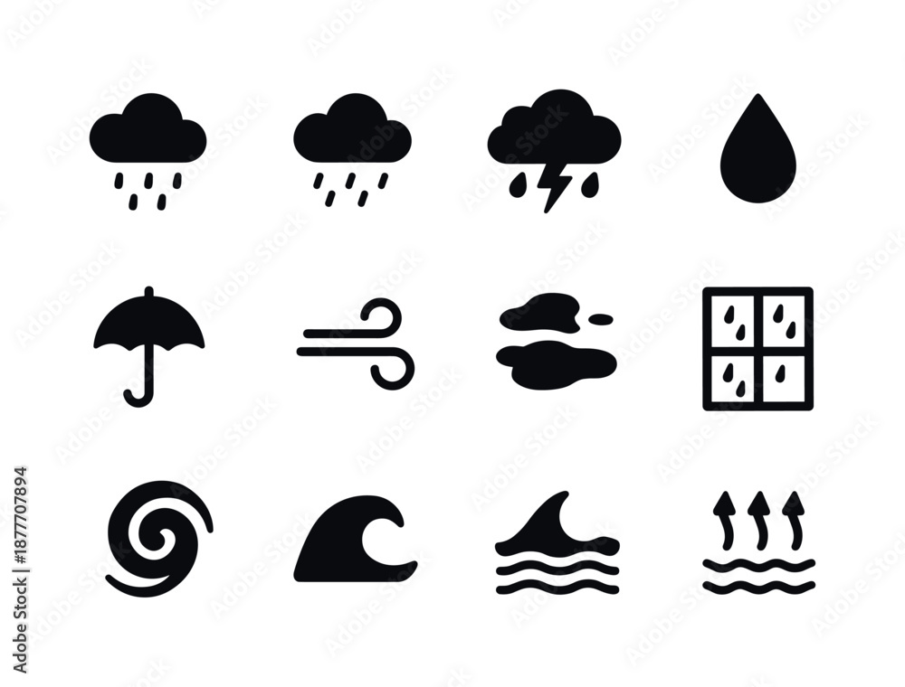 Fototapeta premium Black-White Rain Icons. Rainy weather. Solid icon set of rainy weather: rain cloud, drizzle icon, downpour cloud, thundercloud, raindrop, umbrella, gusty wind,