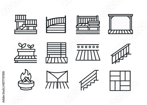 Deck Design Icons. Deck Design Ideas. Line icon set of Deck Design Ideas: multi-level deck, curved railing, built-in seating, pergola frame, planter box,