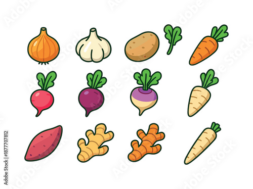Root Vegetable Icons. Root vegetables. Colorful isometric vector icons set of root vegetables: onion bulb, garlic bulb, potato, carrot, radish, beetroot,