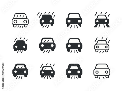 Rainy Day Icons. Rainy Day. Icon set. Set Logo of Rainy Day: car with headlights in rain. harmonious logo variations of the same emblematic concept, each with
