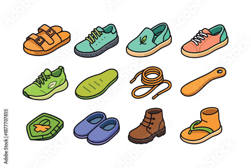 Eco-Friendly Footwear Icons. Eco-friendly footwear. Colorful isometric vector icons set of eco-friendly footwear: cork sandals, recycled rubber shoes, hemp