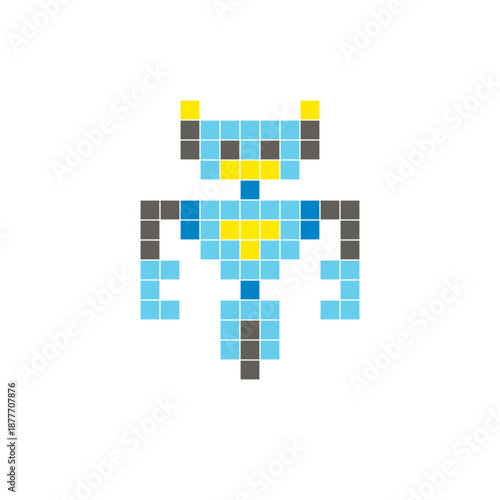 A flat pixel design made of geometric square color blocks on a clean icon layout. Pixel art robot