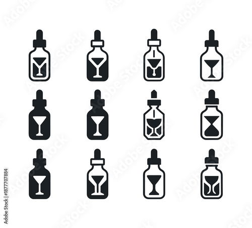 Cocktail Icon Set. Cocktail culture. Icon set. Set Logo of cocktail culture: bitters dropper bottle. harmonious logo variations of the same emblematic concept,
