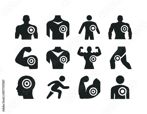 Fitness Target Icons. Fitness targets. Icon set. Set Logo of Fitness targets: Targeted muscle highlight: Negative space, Flat solid, Abstract geometric, Filled