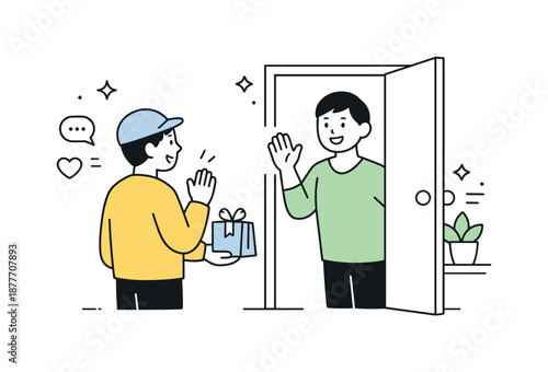 Neighborly Gift Exchange. Giving gifts next door. A person carrying a small gift bag and greeting a neighbor politely. Quiet generosity and positive social