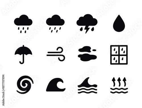 Black-White Rain Icons. Rainy weather. Solid icon set of rainy weather: rain cloud, drizzle icon, downpour cloud, thundercloud, raindrop, umbrella, gusty wind,