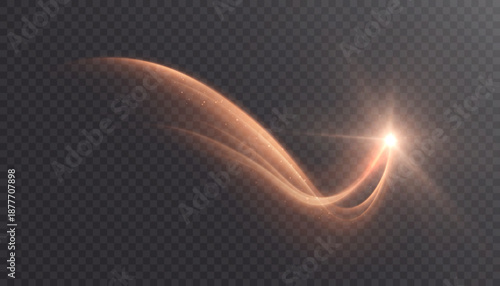 A golden glowing comet of light with a bright flash isolated on a transparent background. Vector energy trail for overlays and illustrations.
