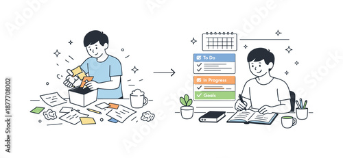 Workspace Clarity Reinvention. Productivity reset and planning. Person clearing a workspace and reorganizing tasks, turning scattered notes into a clean plan.