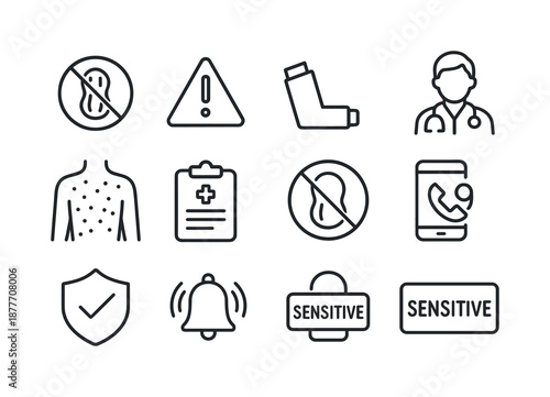 Peanut Allergy Icons. Peanut allergies. Line icon set of Peanut allergies: peanut crossed out, warning triangle, inhaler, EpiPen, doctor icon, allergy rash,
