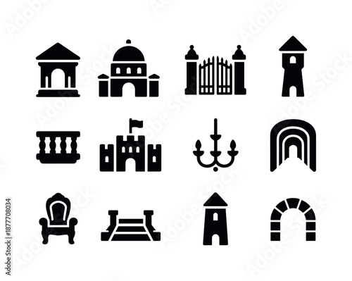 Palace Icon Set. Palace. Solid icon set of palace: grand entrance, dome roof, royal gate, watchtower, balcony, flag on top, chandelier, long hallway, throne,