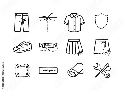 Worn-Out Uniform Icons. Worn-out school uniforms. Line icon set of worn-out school uniforms: torn trouser seam, thread pull, faded shirt panel, missing badge