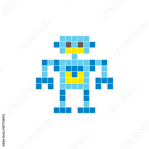 A flat pixel design made of geometric square color blocks on a clean icon layout. Pixel art robot