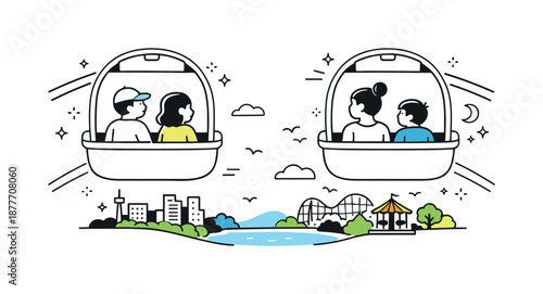 Ferris Wheel View. People riding ferris wheel view. Passengers gazing outward with city or park silhouettes below, quiet curiosity and gentle excitement.