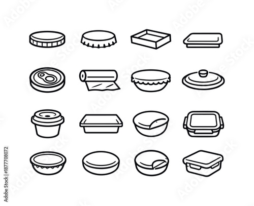 Container Covers Line Icons. Container covers. Line icon set of Container covers: jar lid, bottle cap, box lid, tin cover, can top, food wrap, bowl cover, pot