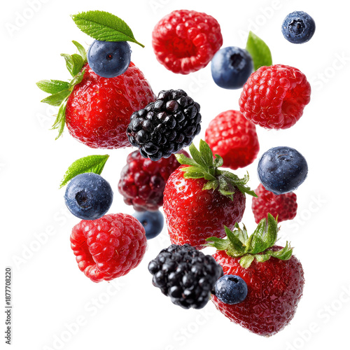 Fresh berries assortment floating on transparent background