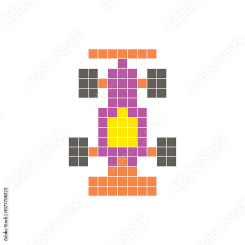 A flat pixel design made of geometric square color blocks on a clean icon layout. Pixel art race car