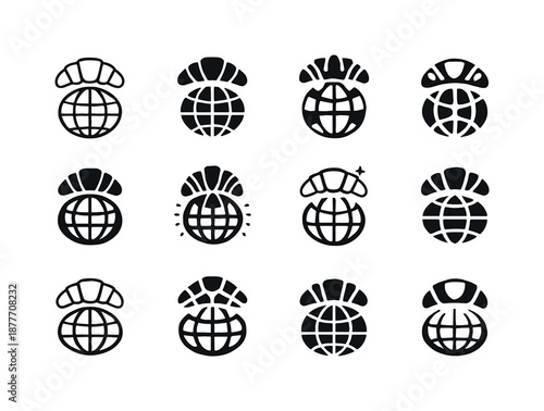 Global Breakfast Logos. Trying global breakfast traditions. Icon set. Set Logo of Trying global breakfast traditions: croissant. harmonious logo variations of