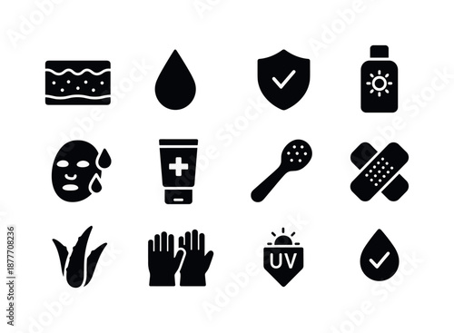 Skin Protection Icons. Skin and protection. Solid icon set of skin and protection: skin layer diagram, moisture drop, protective shield, sunscreen bottle,