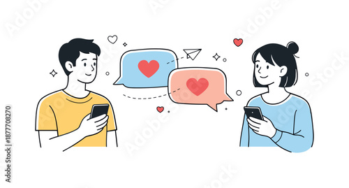 Heartfelt Message Exchange. Love communication concept. Two people exchanging messages with heart icons appearing in speech bubbles. Emotional openness, gentle