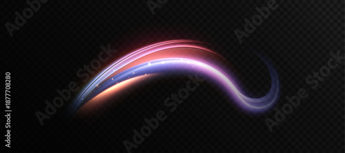 A colourful glowing wave with a purple and red gradient on a dark background. Vector speed trail for overlays, sci-fi interfaces, titles, and light accents.
